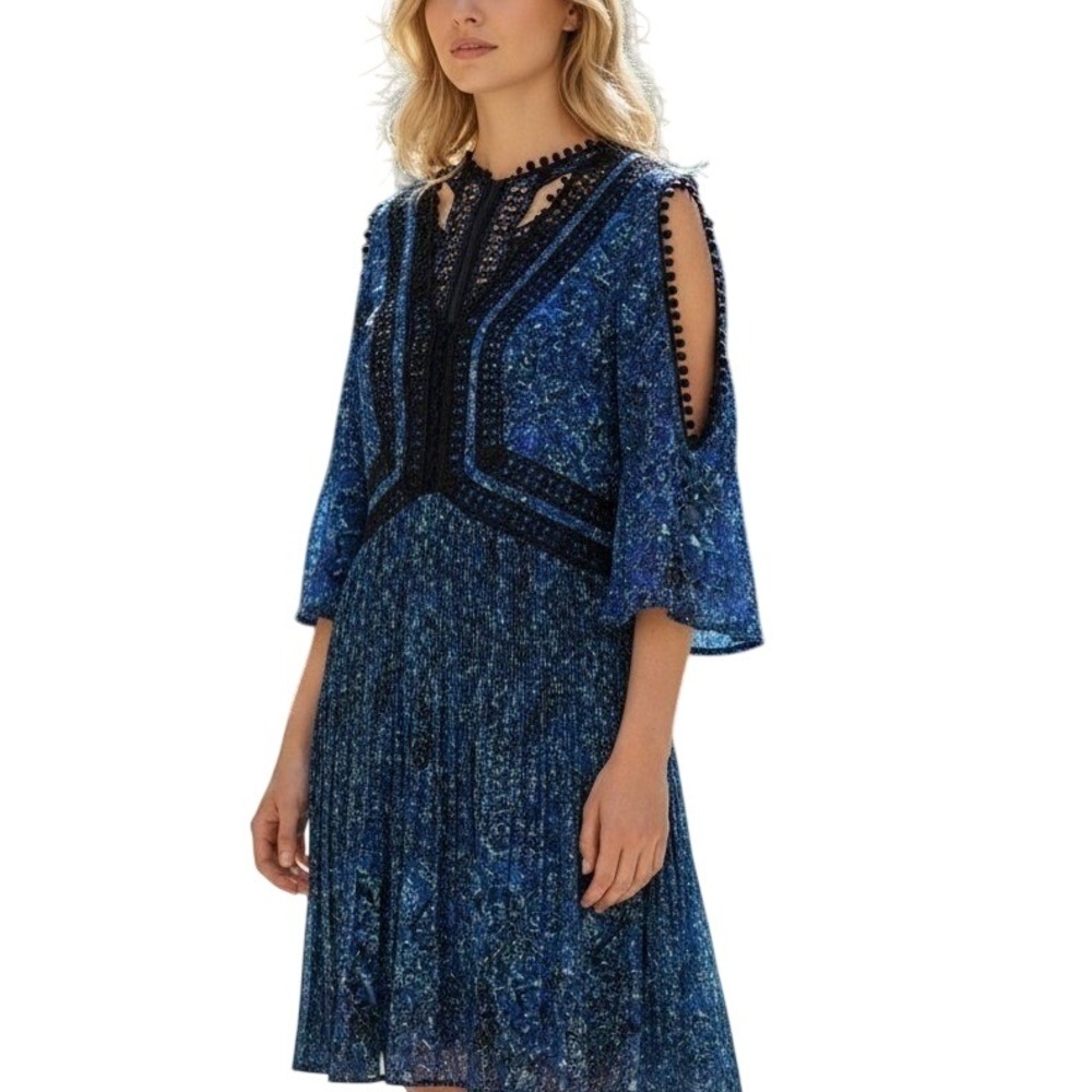 Rebecca Taylor Cold Shoulder A-Line Dress Women 10 Blue Paisley Lace Boho Travel